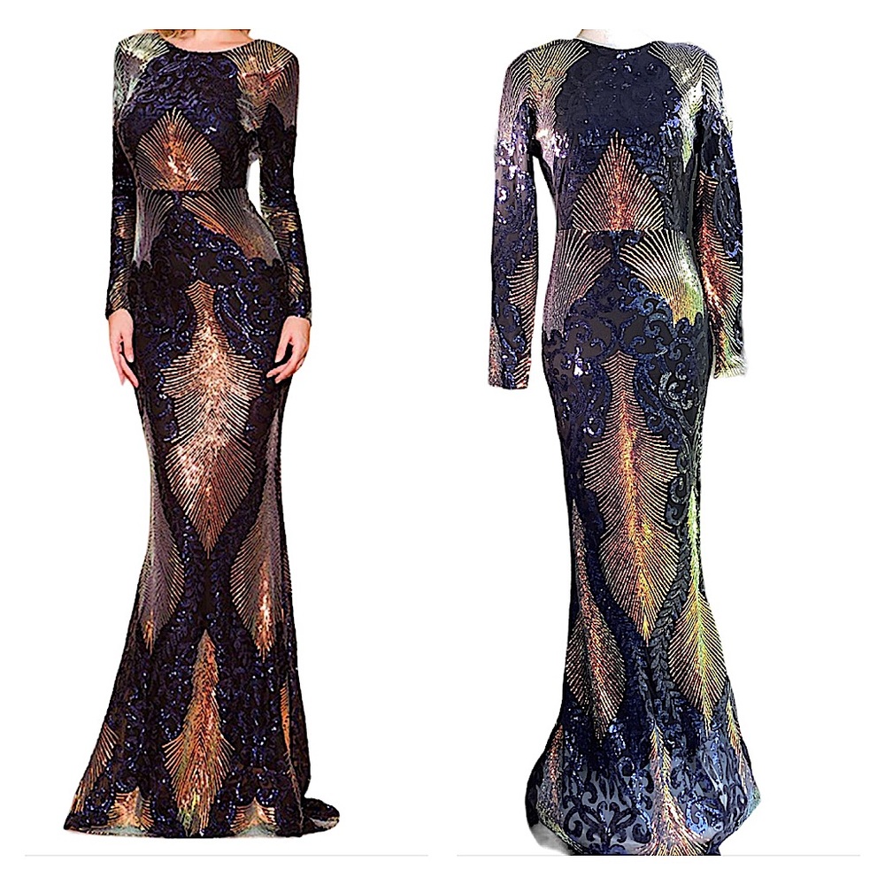 Multi Color Long Sleeve Sequin Mermaid Formal Gown. B23